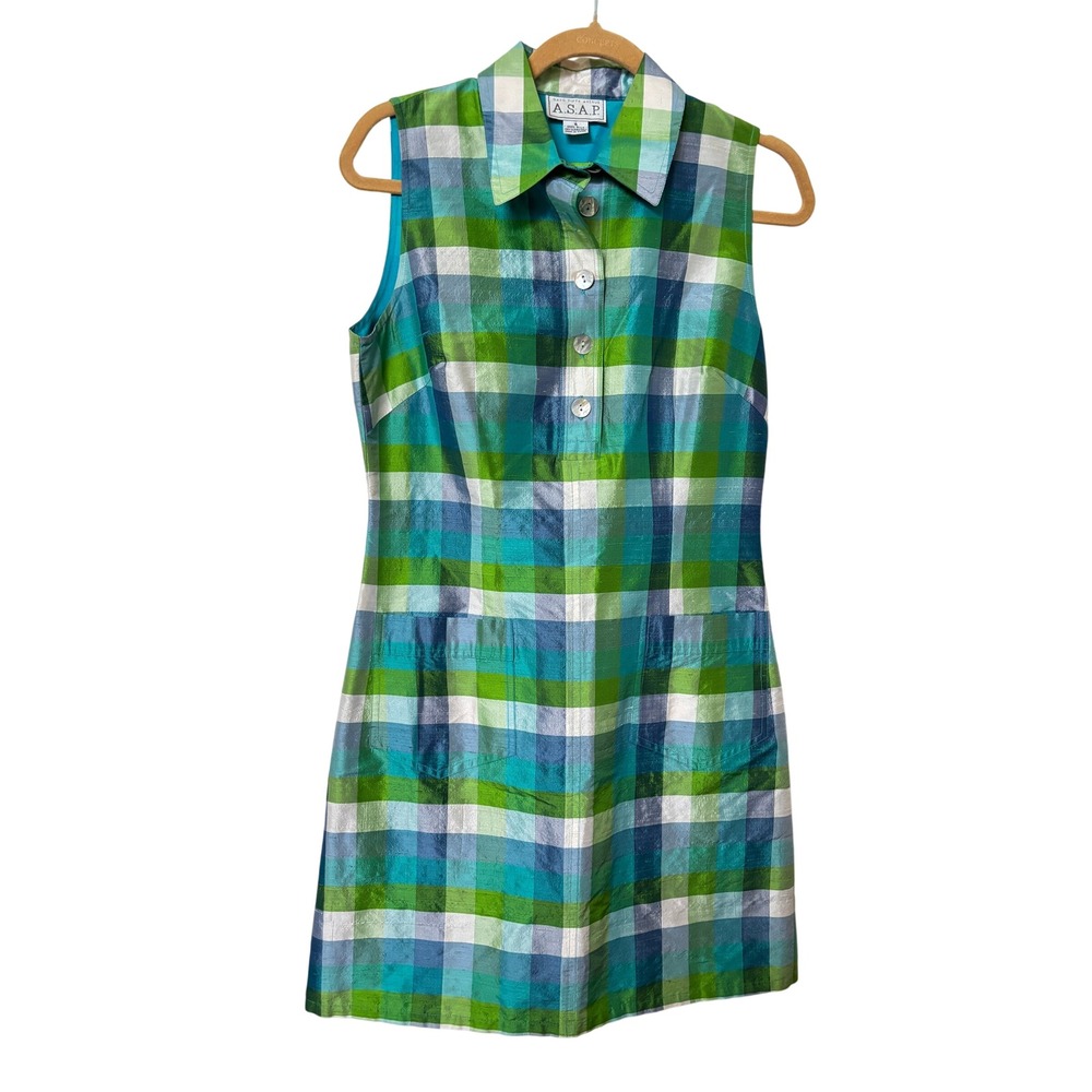 Vintage Saks Fifth Avenue ASAP Green Blue Plaid 100% Silk Sleeveless Shift Dress